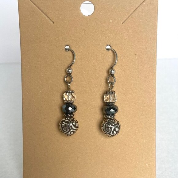 Sterling Silver 925 Faceted Glass Scrollwork Beaded Dangle Earrings - Picture 3 of 12